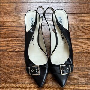 Anne Klein iFlex Black Leather Slingback Heels Buckle Pointed Toe Size 8.5